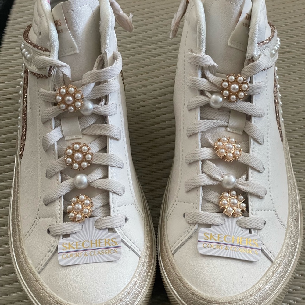 Skechers Women's Cream High-Tops with Pearl Accents-Genuine Leather
